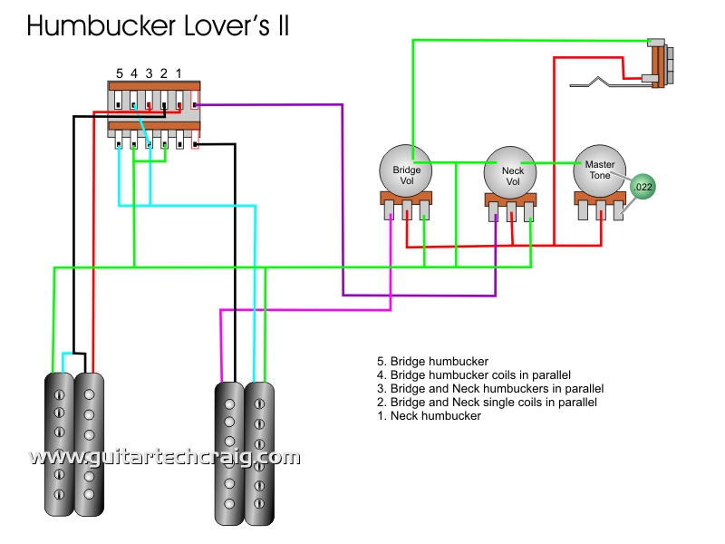 Wiring Diagram For 2 Humbucker Guitar With 3 Way Import Lever Switch 1 Volume 1 Tone from www.guitartechcraig.com